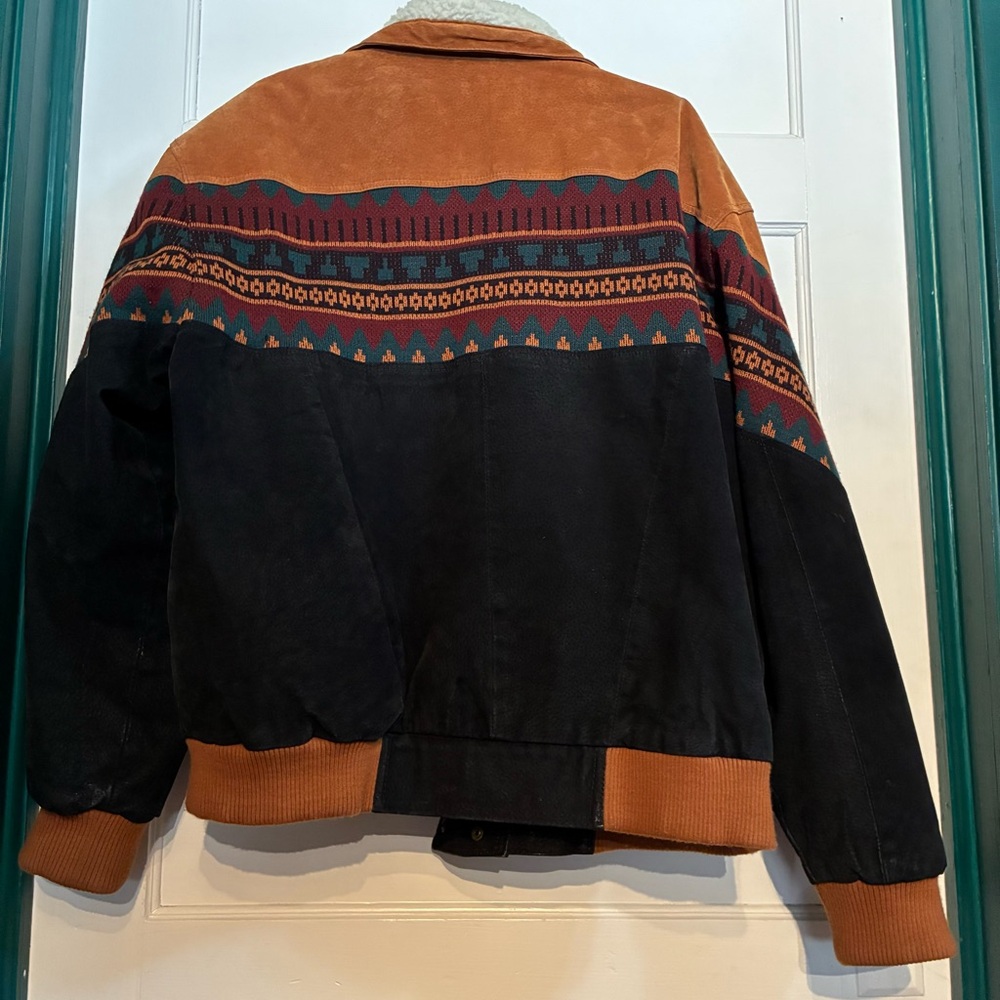 Vintage Aztec Color block Suede Jacket USA Faux Sherpa Trim Rancher *DISTRESSED - Picture 3 of 16